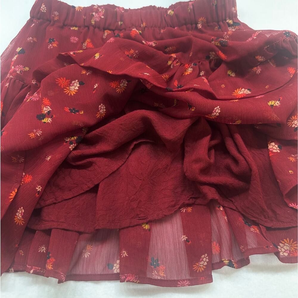 Free People “From The Valley” Floral Tiered Ruffle Mini Skirt burgundy Size M - Picture 4 of 8